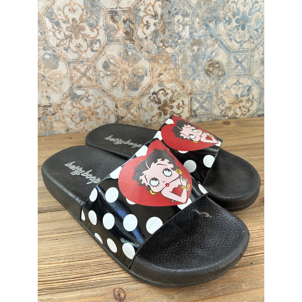 Betty Boop Heart Polka Dot Slide Sandals Black White Red Womens Size 7